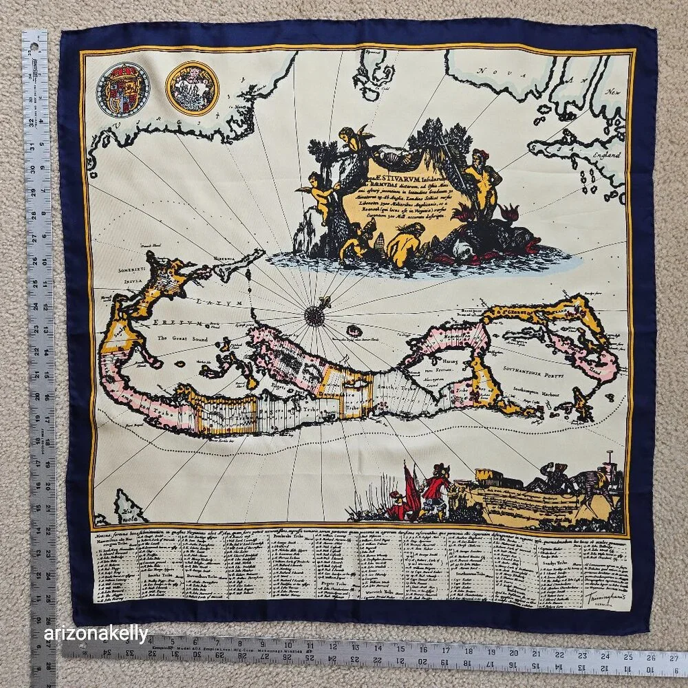 Trimingham Bermuda 1842-2005 Vintage Silk Scarf Hand-Rolled Flawless Map History
